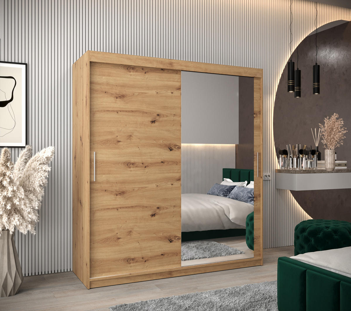 SCHWEBETÜRENSCHRANK 200/180/62 2-türig - Silberfarben/Eiche Artisan, Holz/Kunststoff (180/200/62cm) - Abiks Möbel