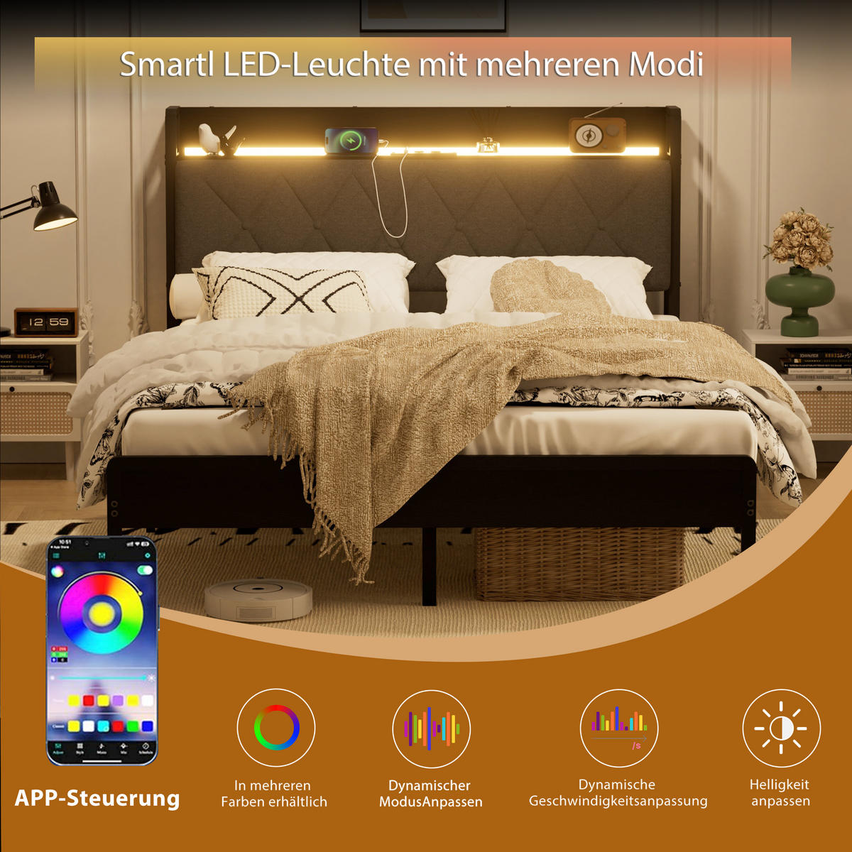 POLSTERBETT 140/190 cm mit LED und Ladestation, DE-41903, in Schwarz - Schwarz, Metall (140/190cm) - ComfortXL