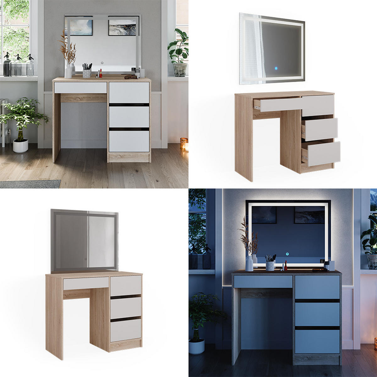 SCHMINKTISCH Sherry Sonoma 90 cm mit LED-Spiegel - Weiß/Sonoma Eiche, Holzwerkstoff (90/75/40cm) - Vicco