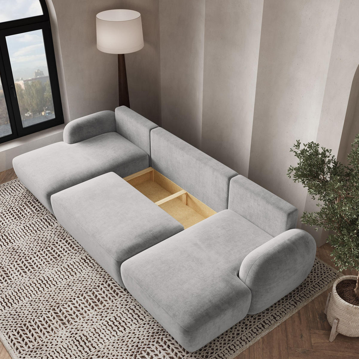 WOHNLANDSCHAFT SAVONA K Blau Plüsch-Stoff mit Schlaffunktion - Blau, Holz (350/90/148cm) - MASSENO