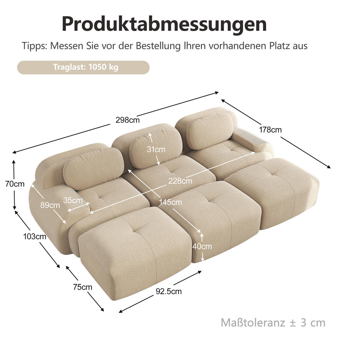 3-SITZER-SOFA DE-34025 modular mit 3 Hockern Beige - Beige, Textil (178/75/298cm) - ComfortXL
