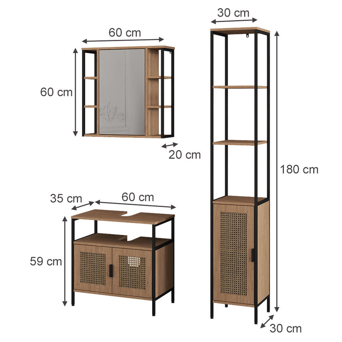 BADMÖBEL-SET Linara, Eiche, 3er Set - Eichefarben, Holzwerkstoff (60/59/35cm) - Vicco