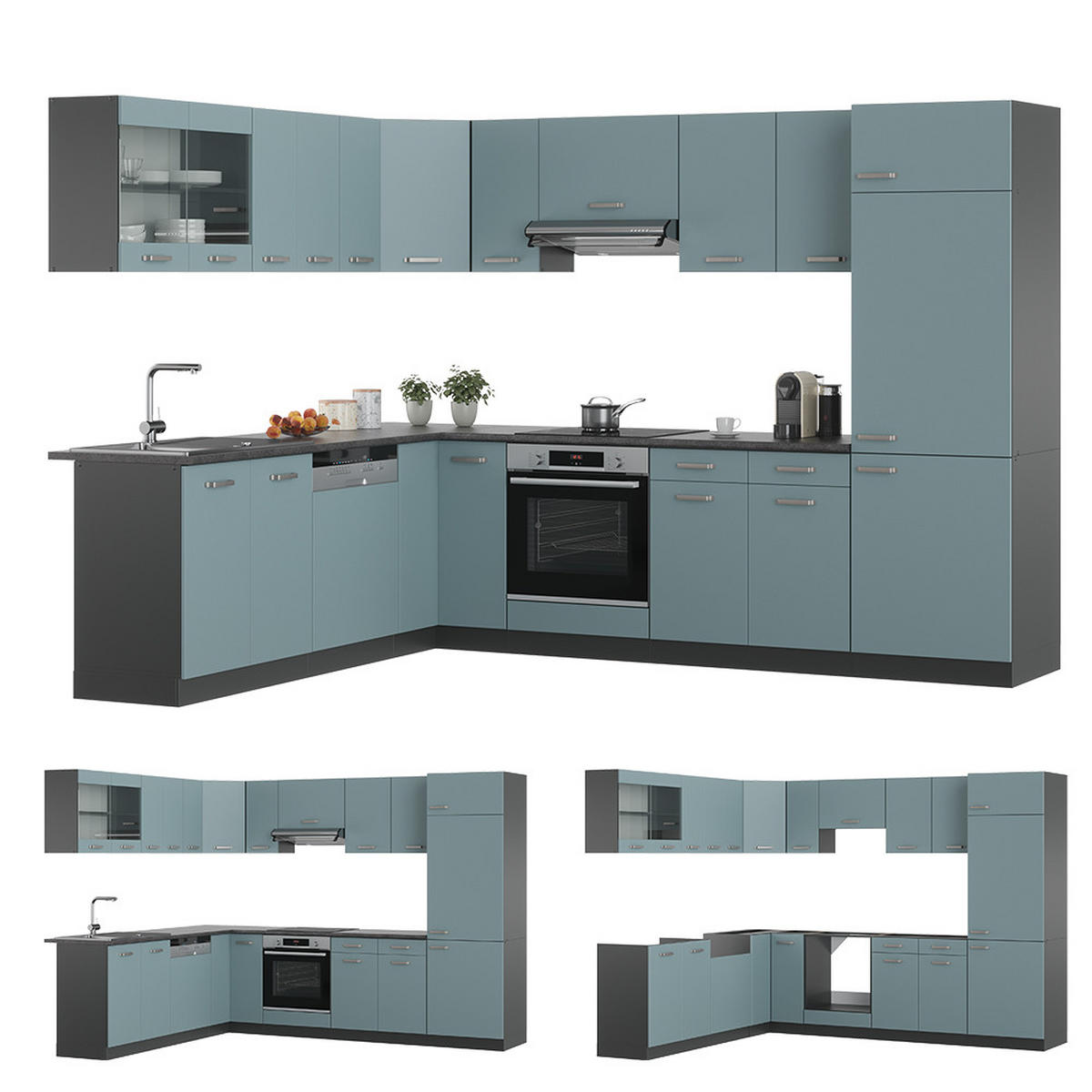 ECKKÜCHE R-Line Blau-Grau/Anthrazit 227 x 287 cm, AP Eiche - Anthrazit/Blaugrau, Holzwerkstoff (287/81.6/60cm) - Vicco