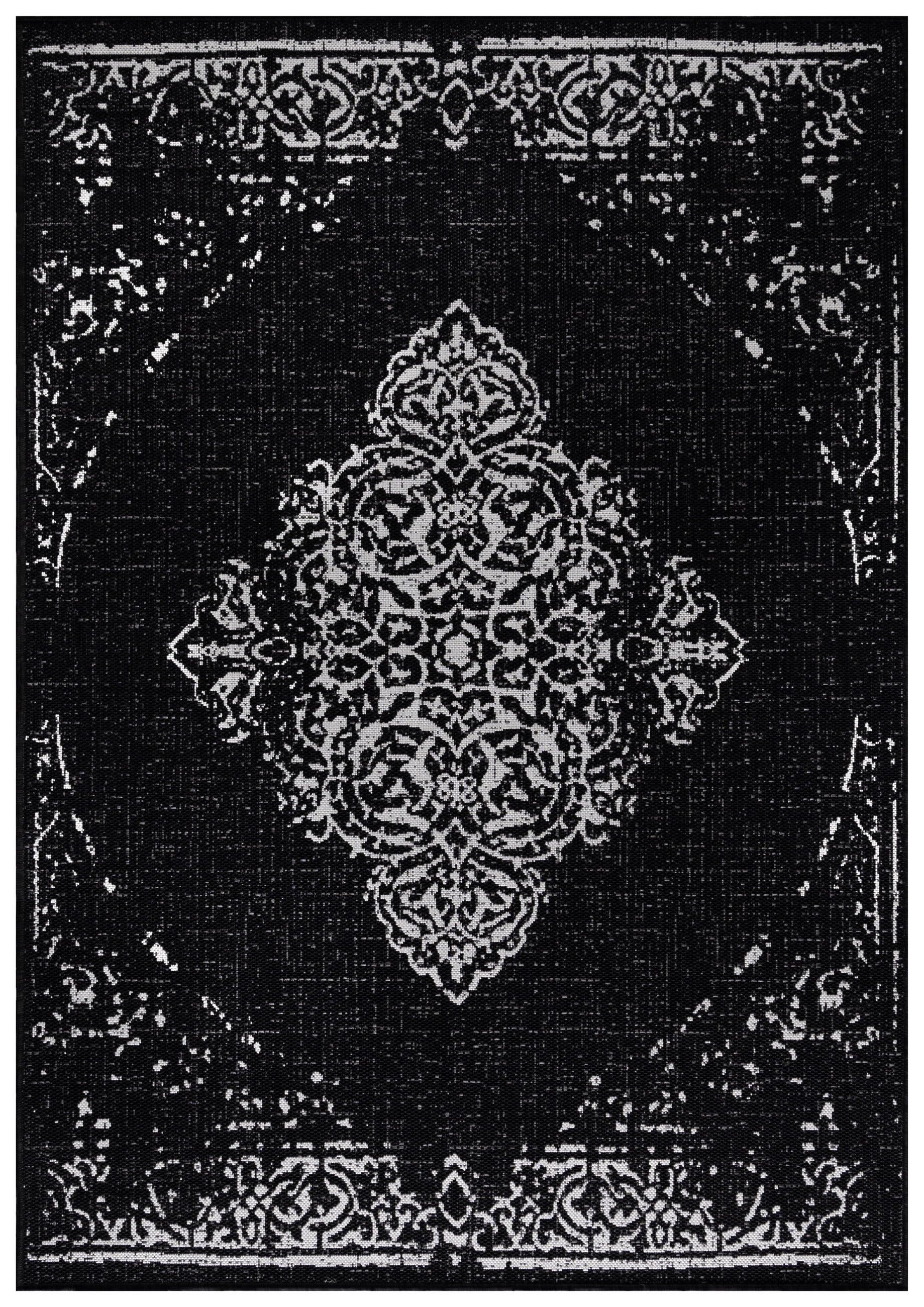 TEPPICH Outdoor Flachgewebe Vintage-Muster Polypropylen Balkon Schwarz Rechteckig 240x340 - Schwarz, Textil (240/340cm) - KADIMA DESIGN