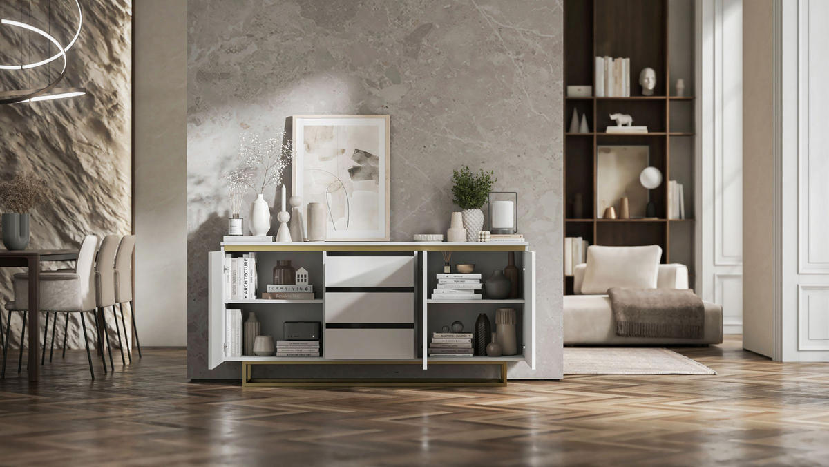 SIDEBOARD Selene 3D Weiß Matt mit geriffelten Fronten Glamour 167 cm - Goldfarben/Weiß, Holzwerkstoff/Metall (167/79/35cm) - Meble Lindner
