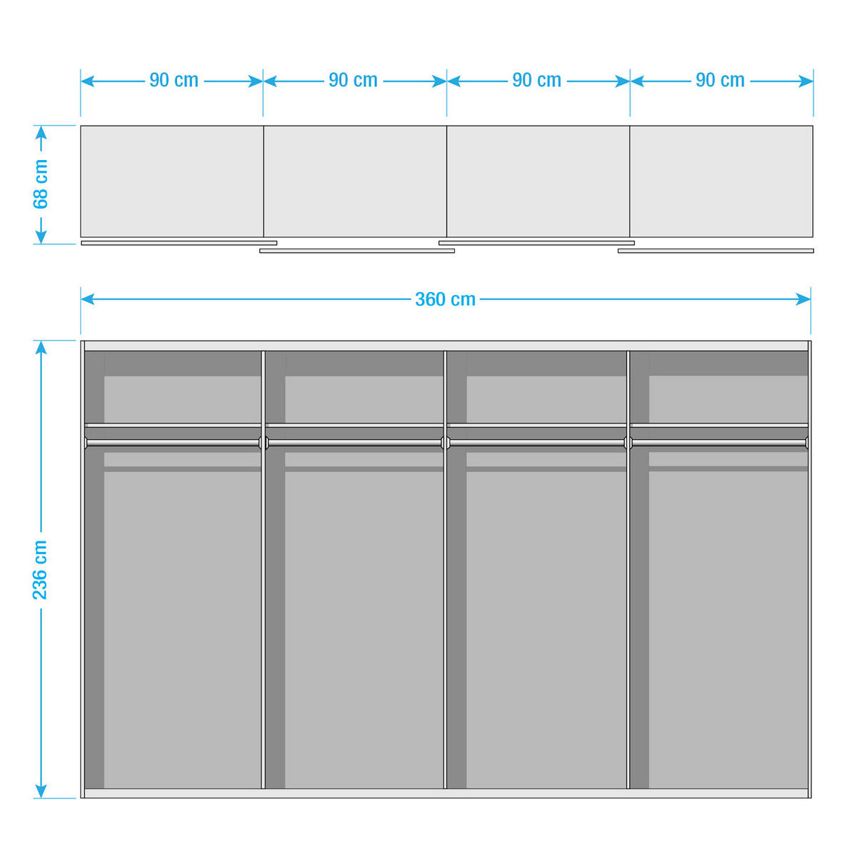 SCHWEBETÜRENSCHRANK - Weiß Hochglanz/Grau, Holzwerkstoff (360/236/68cm) - home24