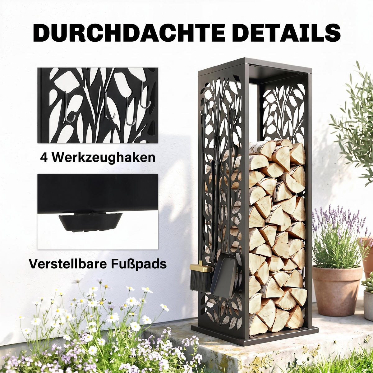 BRENNHOLZREGAL Verzinkter Stahl Schwarz - Schwarz, Metall (38/112/38cm) - Outsunny