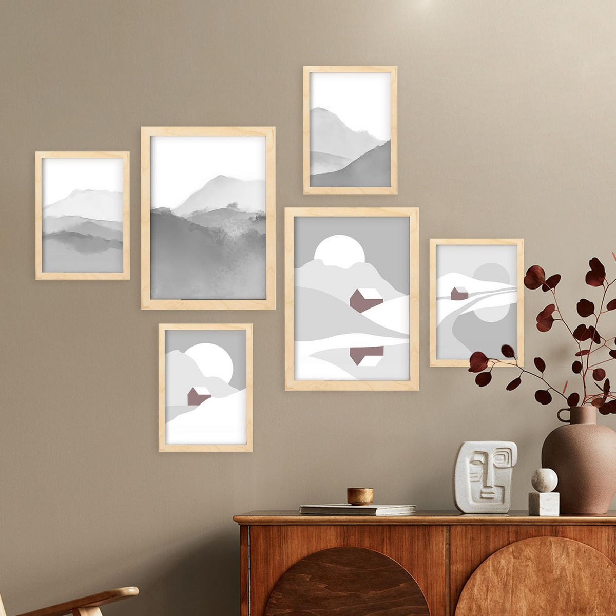 POSTER Set Mit 6 Naturtöne Landschaft Größe A3 & A4 Rahmen aus hellem Holz - Beige, Papier (29.7/1cm) - Nacnic
