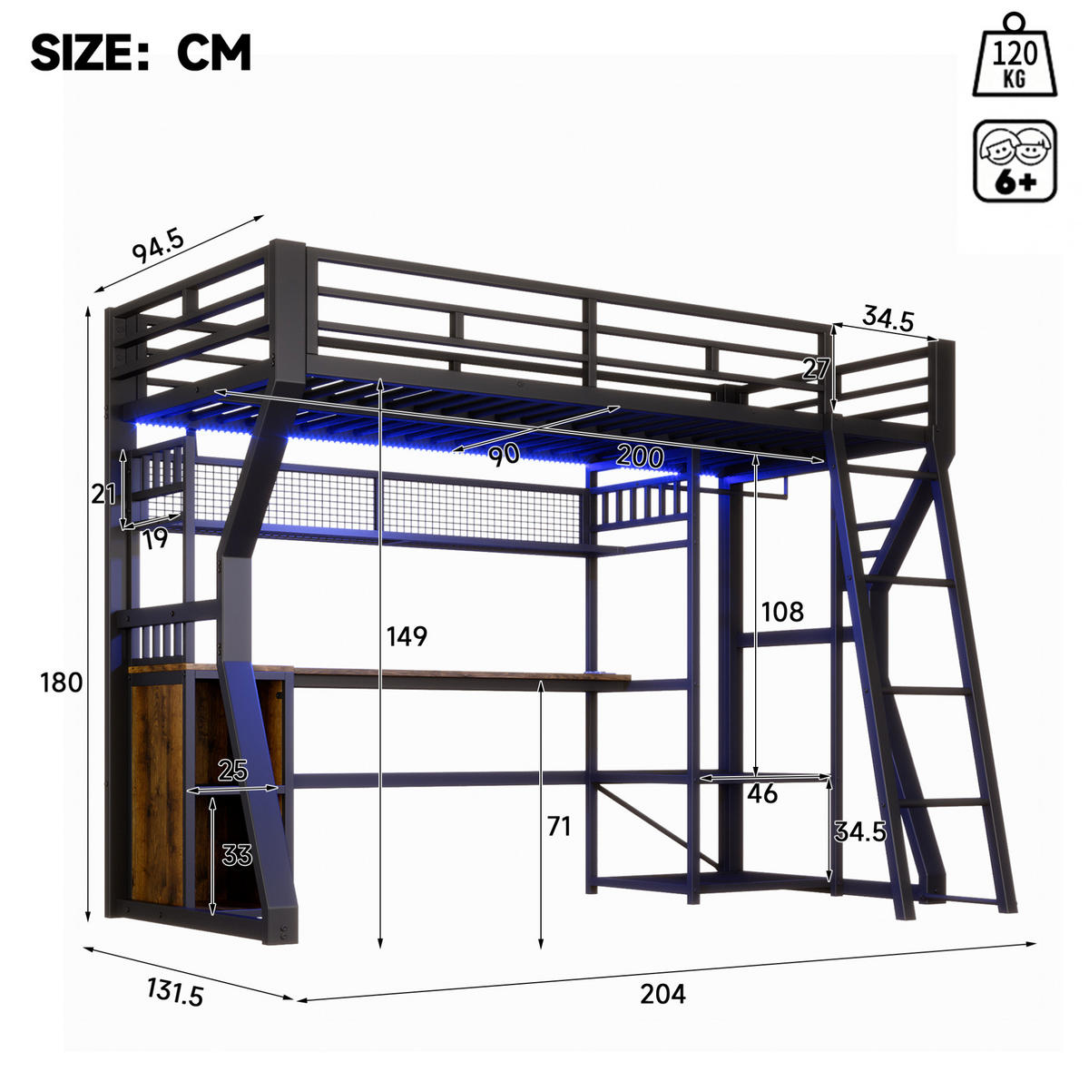 HOCHBETT 90/200 cm aus Metall und MDF mit Schreibtisch, Lichtleiste und Kleiderstange Schwarz - Schwarz, Holzwerkstoff (90/200cm) - Modenvie