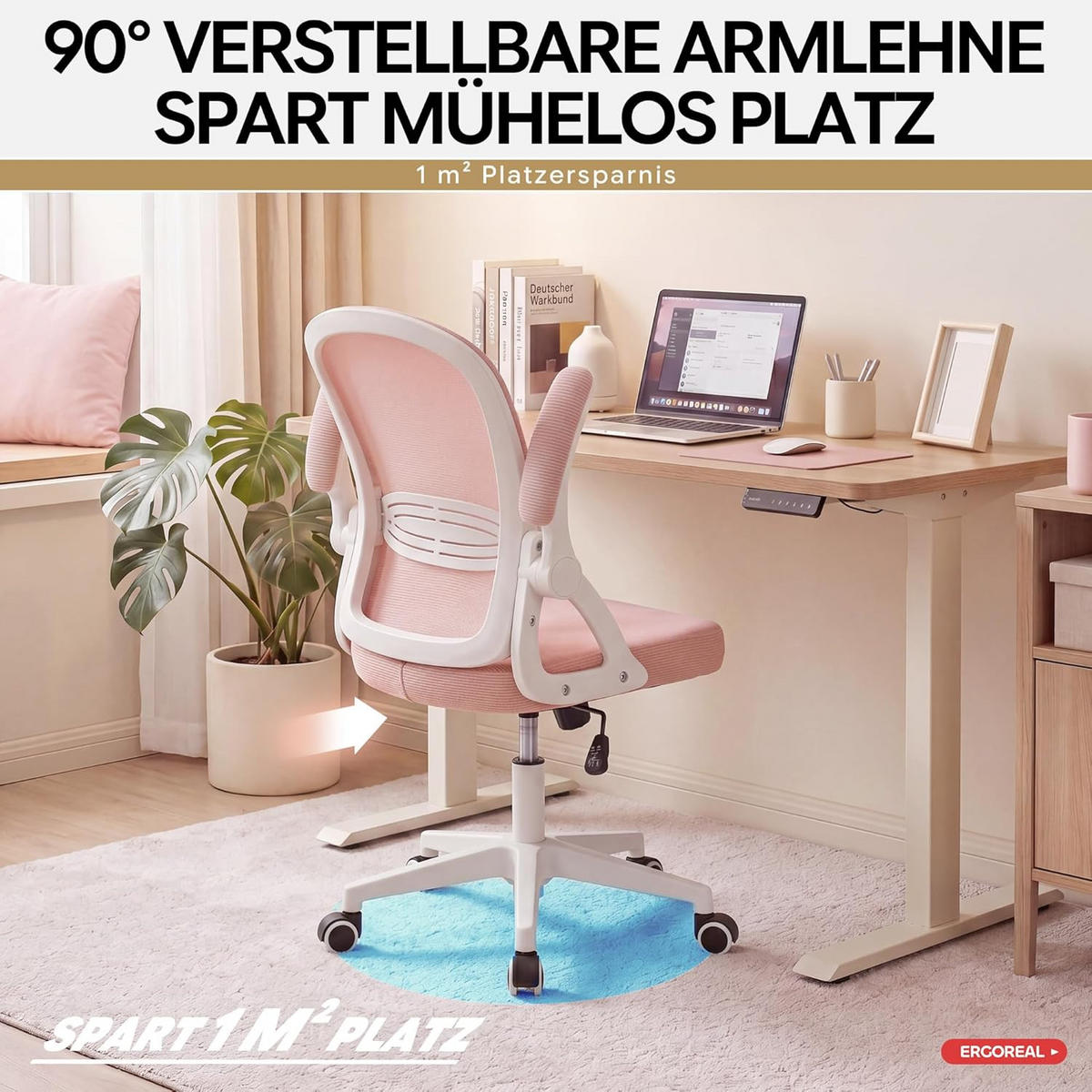 BÜROSTUHL Ergonomischer 90-110°neigbar, 90° Aufklappbare Armlehnen - Rosa, Metall (60/92/57cm)