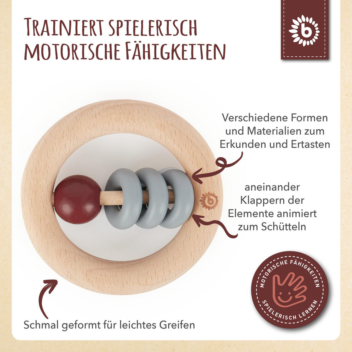 HOLZ Beißring mit Silikonball Rund - ab - Multicolor, Holz (8/8cm) - Bieco Spielwaren