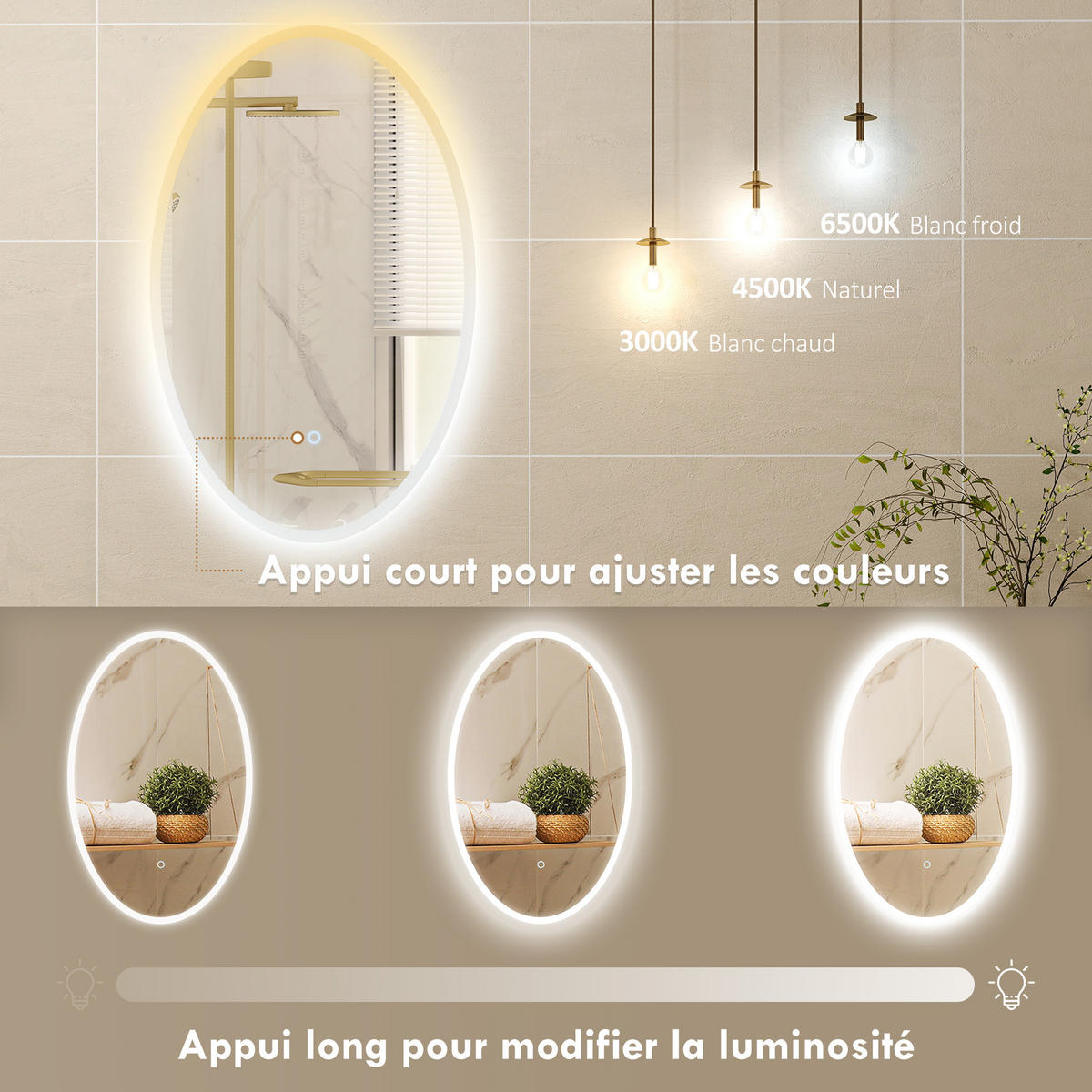 BADSPIEGEL mit Beleuchtung, 80 x 50 cm ,beschlagfrei, 3 Lichtfarben, dimmbar, transparent - Transparent, Glas (50/80/4cm) - Vallsero