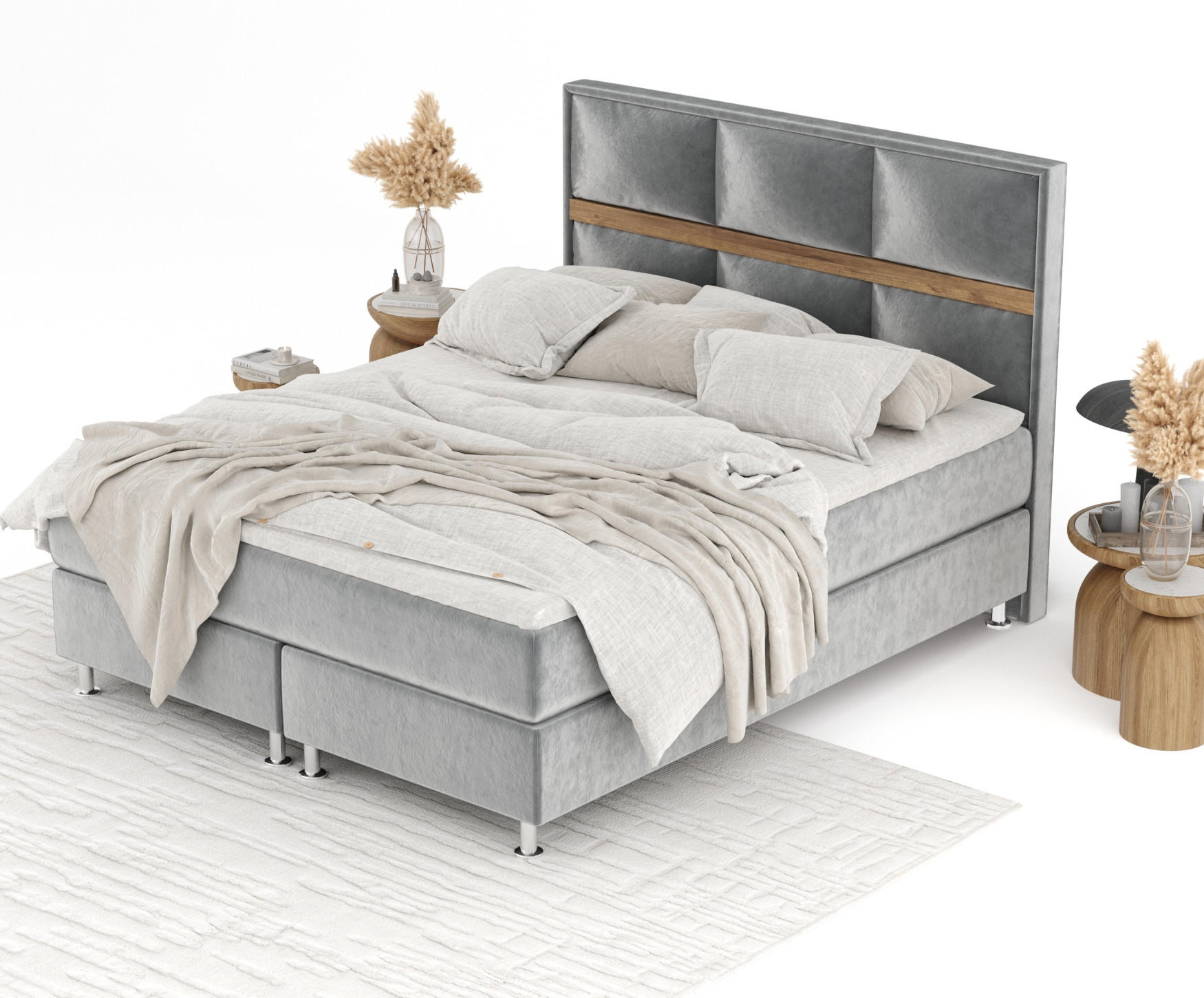 Thumbnail - Maison de Reve Boxspringbett, Grau, Textil, Buche, Kiefer, H3, Höhe ca. 21 cm, 140x200 cm, Oeko-Tex® Standard 100, FSC 1...