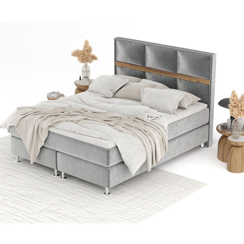 Thumbnail - Maison de Reve Boxspringbett, Grau, Textil, Buche, Kiefer, H3, Höhe ca. 21 cm, 160x200 cm, Oeko-Tex® Standard 100, FSC 1...