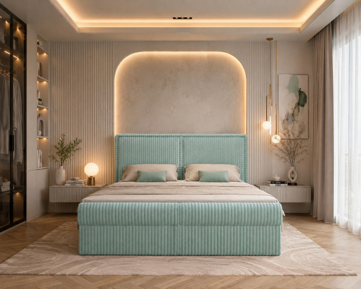 BOXBETT 04 180 x 200 cm - Ambience – Modernes Polsterbett mit Bettkasten, Topper und gepolstertem Kopfteil, Stoffbezug, Stauraumbett - Mintgrün, Holz (180/200cm) - ROYAL24_MARKT