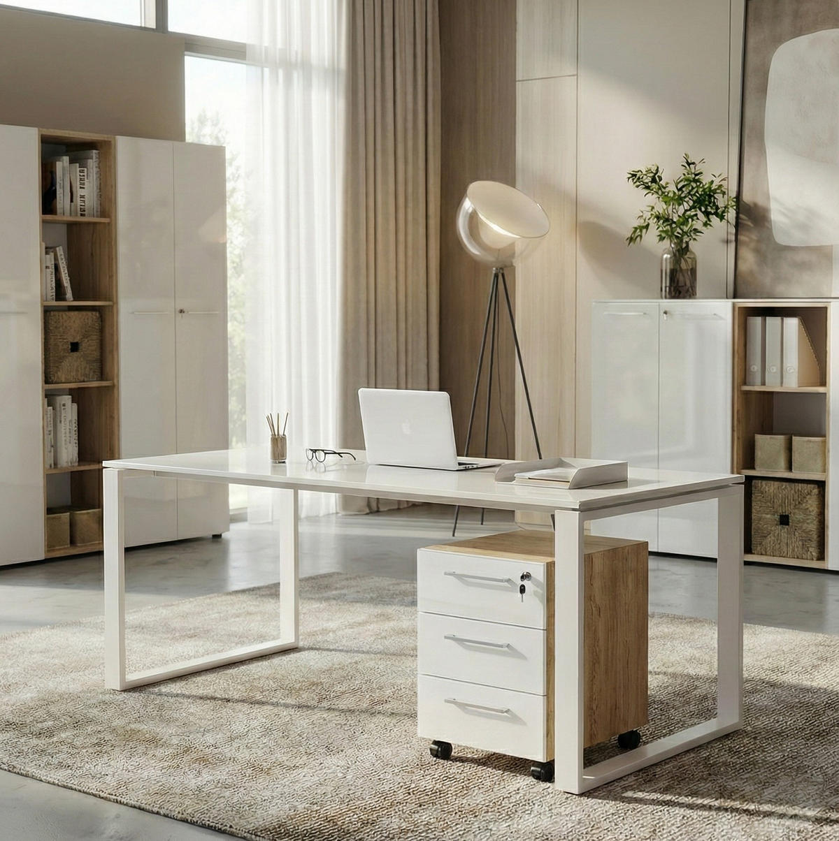 SCHREIBTISCH-SET MUENCHEN 160x80 cm | Glasplatte & Container | Chalet-Eiche-Nb./Weiß - Weiß, Glas/Metall (80/160/75cm) - KADIMA DESIGN