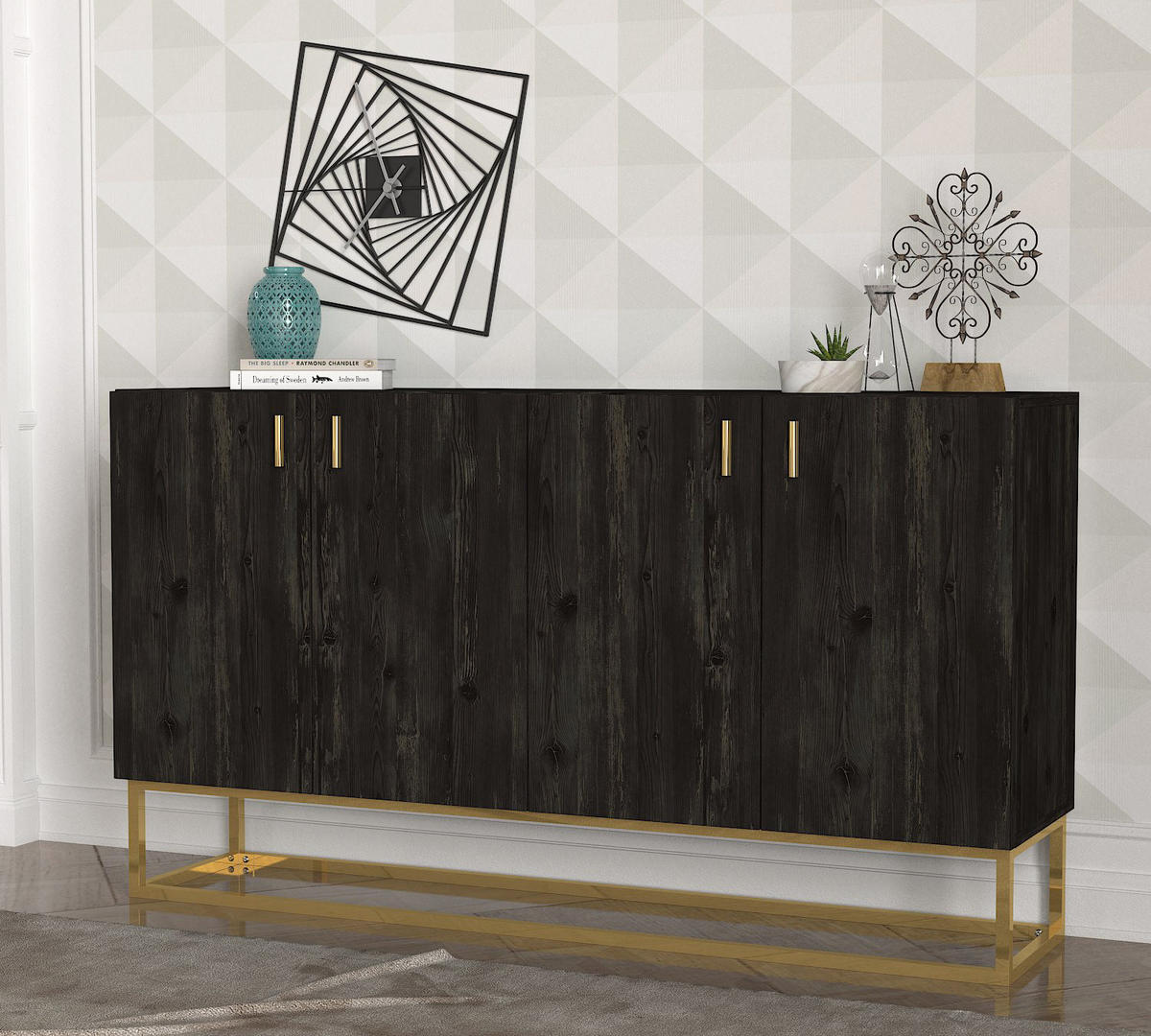 SIDEBOARD Theodora Rebab Braun 4-Türig Gold mit Metallfüßen - Dunkelbraun/Goldfarben, Holzwerkstoff/Metall (150/83.6/36.8cm) - moebel17