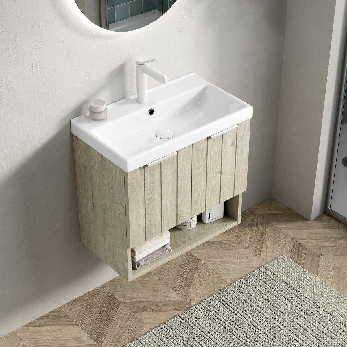 WASCHTISCHUNTERSCHRANK 55x32x53cm Creme/Weiß mit glänzendem Keramikbecken - Creme, Keramik (55/53/32cm) - Modfu