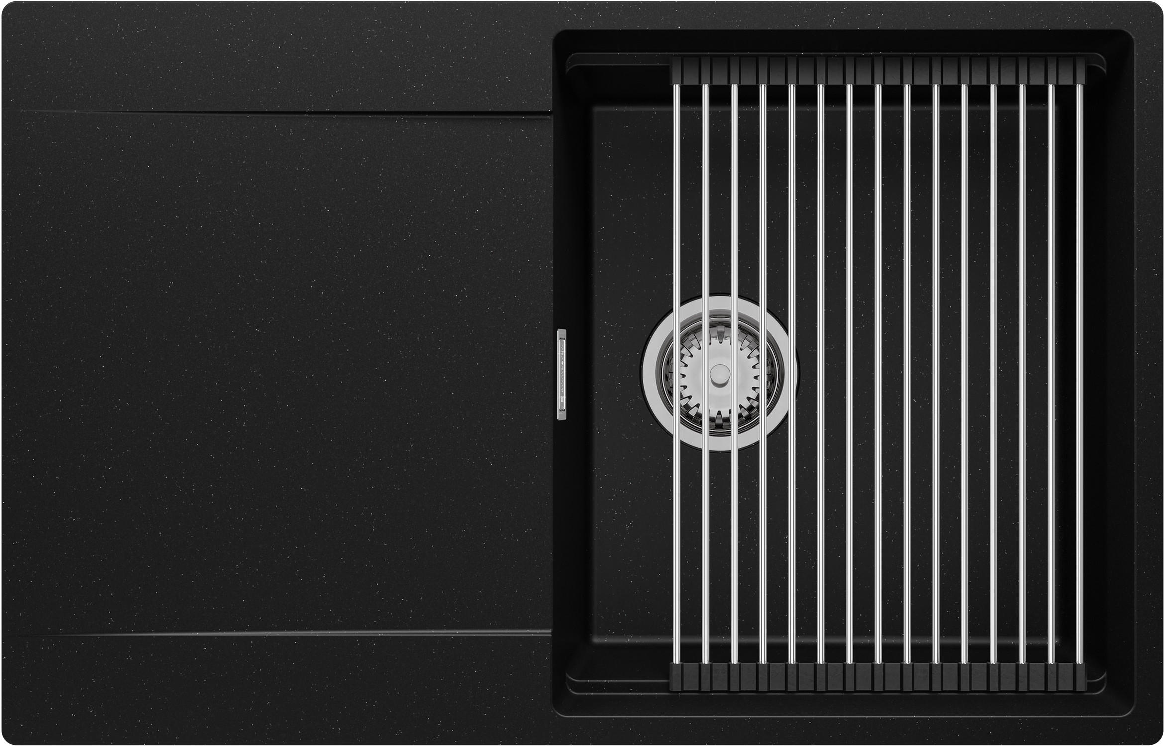 SPÜLBECKEN San Francisco, 2-er set Schwarz Metallic 78/50 cm 1 Becken + Ablauf-Set + Aufrollbare Abtropffläche ab 50er Unterschrank - Chromfarben/Schwarz Hochglanz, Kunststoff (78/20/50cm) - Primagran