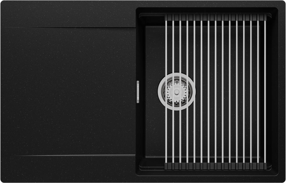 SPÜLBECKEN San Francisco, 2-er set Schwarz Metallic 78/50 cm 1 Becken + Ablauf-Set + Aufrollbare Abtropffläche ab 50er Unterschrank - Chromfarben/Schwarz Hochglanz, Kunststoff (78/20/50cm) - Primagran