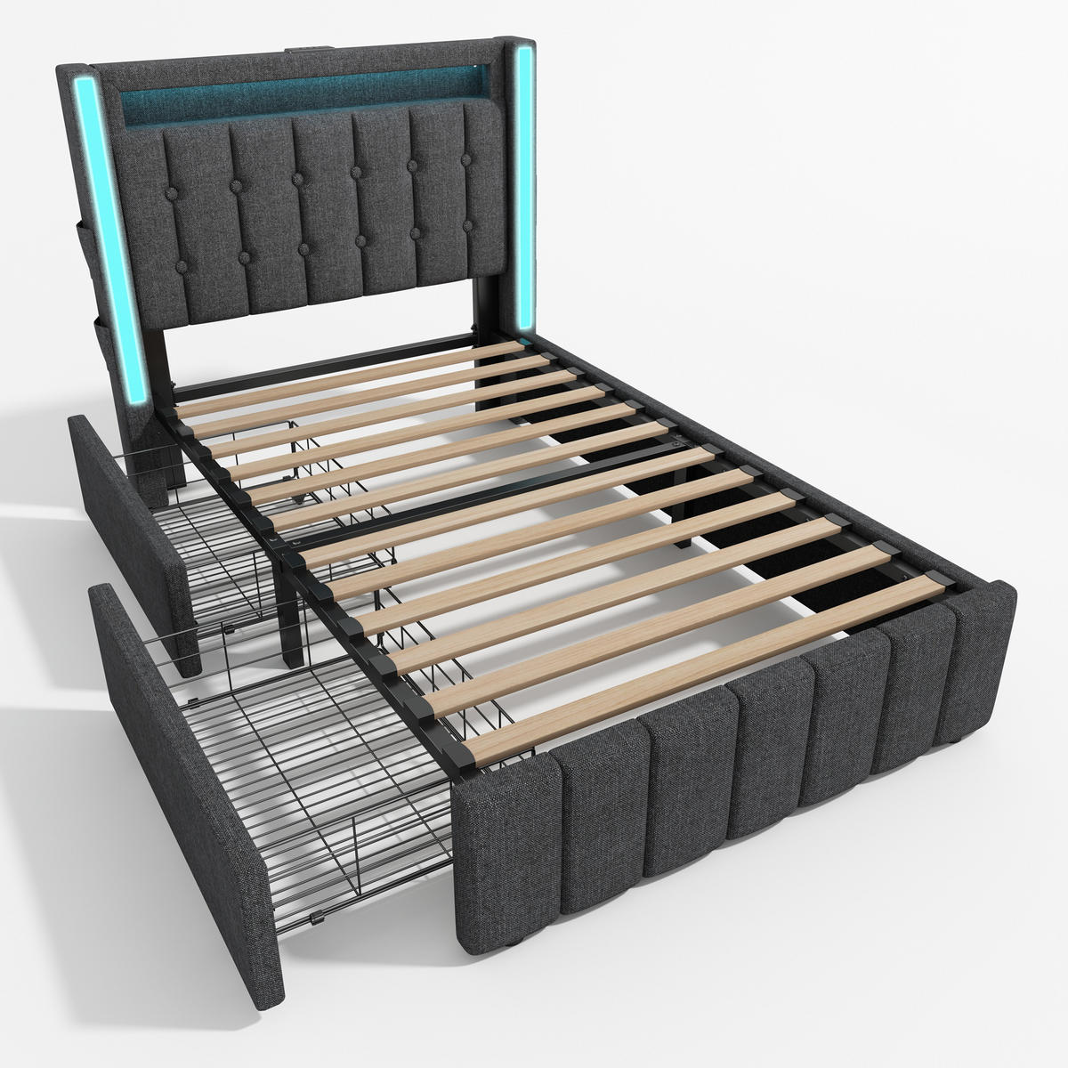 POLSTERBETT mit USB, LED und 2 Schubladen 90x200 cm Leinen Grau - Grau, Metall (90/200cm) - Meubliv