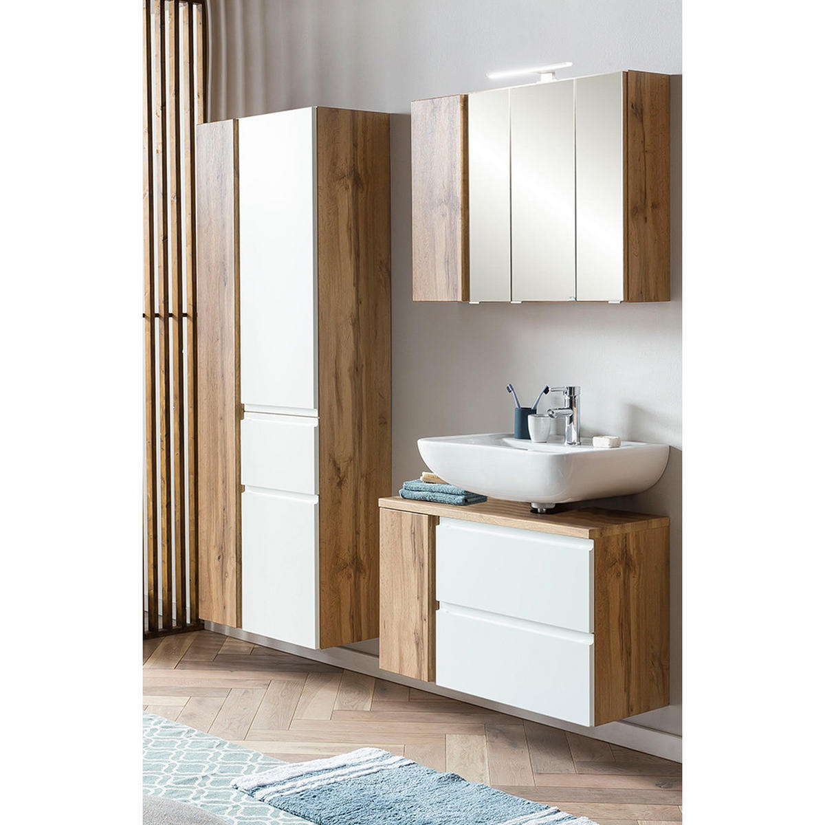 BADMÖBEL-SET 3-TLG. Vasto-03 - Weiß, Holzwerkstoff (165/200/35cm) - Lomado