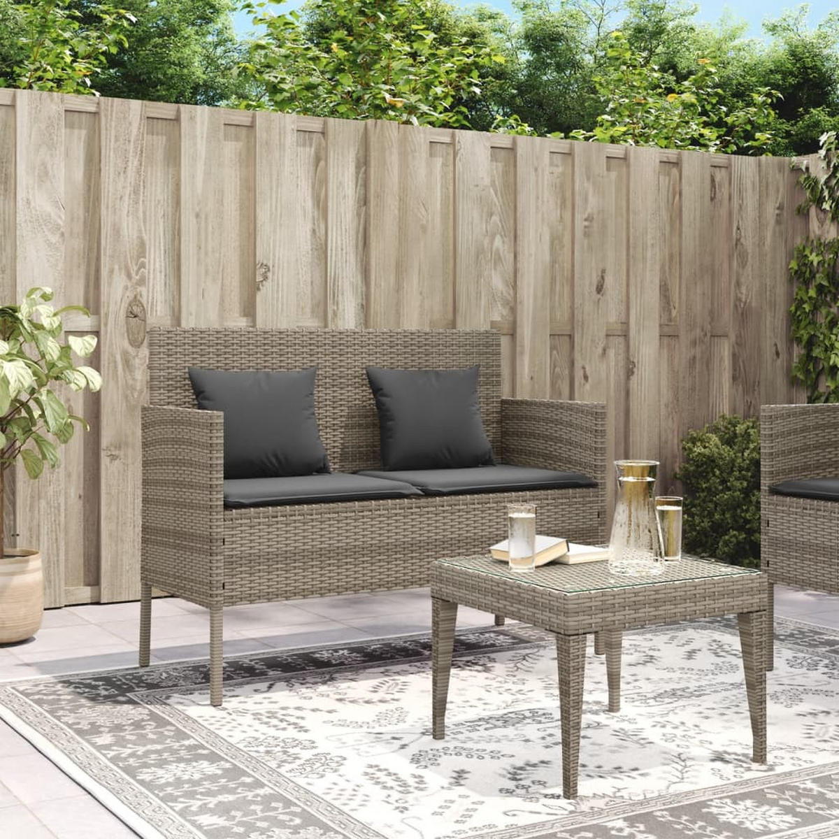 GARTENBANK mit Kissen Grau Poly Rattan - Grau, Kunststoff (113/87/61cm) - furnicato