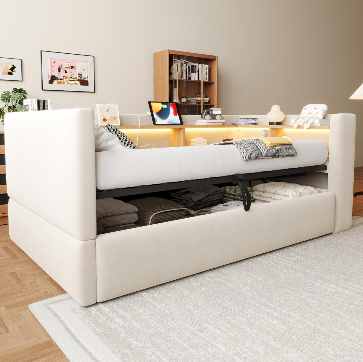 POLSTERBETT 90/190 cm aus Flanell mit LED-Beleuchtung und Steckdosen, Beige - Beige, Textil (90/190cm) - OKMYHOME