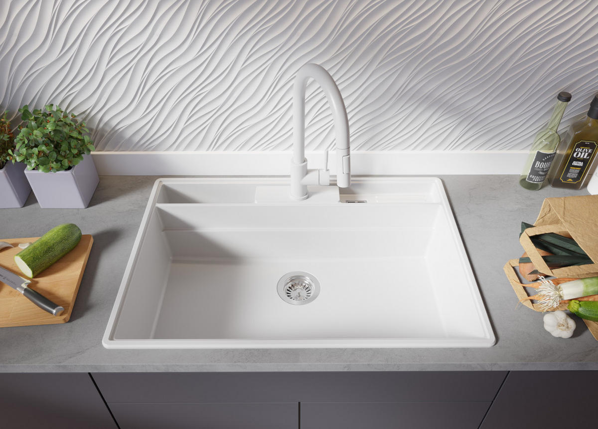 SPÜLBECKEN New York, 2-er set Weiß 78/53 cm 1 Becken + Ablauf-Set + Küchenzubehörset ab 80er Unterschrank - Chromfarben/Beige, Kunststoff (78/20/53cm) - Primagran