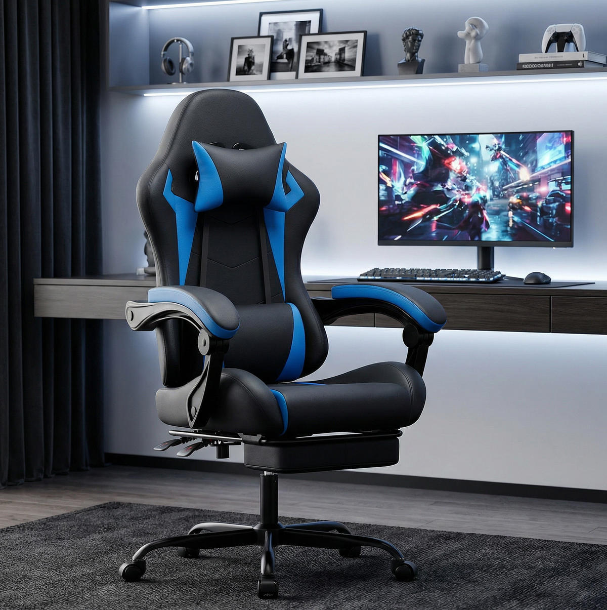 GAMINGSTUHL ergonomisch höhenverstellbar PVC Schwarz Blau - Blau, Kunststoff (63/120.5/58.5cm) - Meubliv