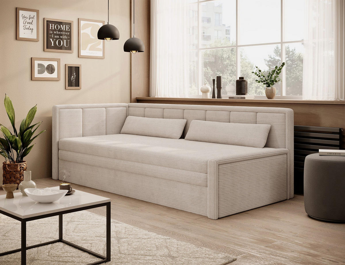 SCHLAFSOFA FULGEO mit Schlaffunktion & Bettkasten – Modernes 3-Sitzer Sofa, Liegefläche 200 x 150 cm - Beige, Kunststoff (214/82/77cm) - Wohnideebilder