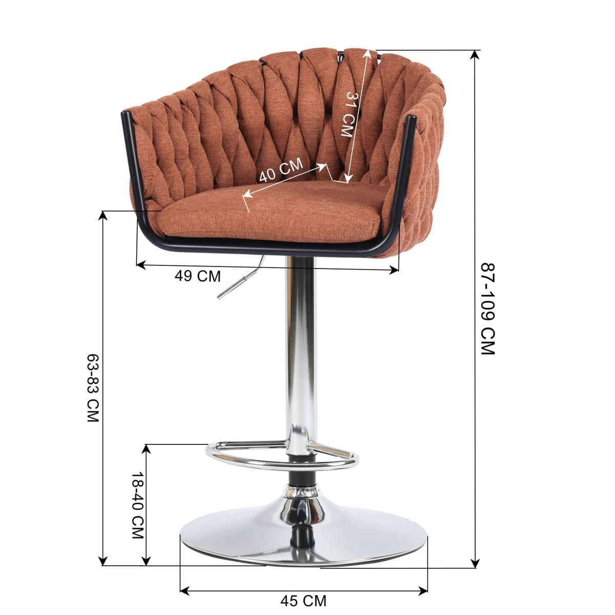 BARHOCKER 2er-Set, Stoff, höhenverstellbar 87-108cm, orange - Chromfarben/Orange, Metall (53/108/50cm) - Urban Meuble