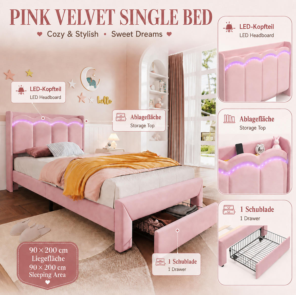 KINDER-POLSTERBETT aus Samt 90x200 cm Rosa mit Stauraumschublade und App-gesteuerter LED-Beleuchtung - Pink, Textil (90/200cm) - Modfu