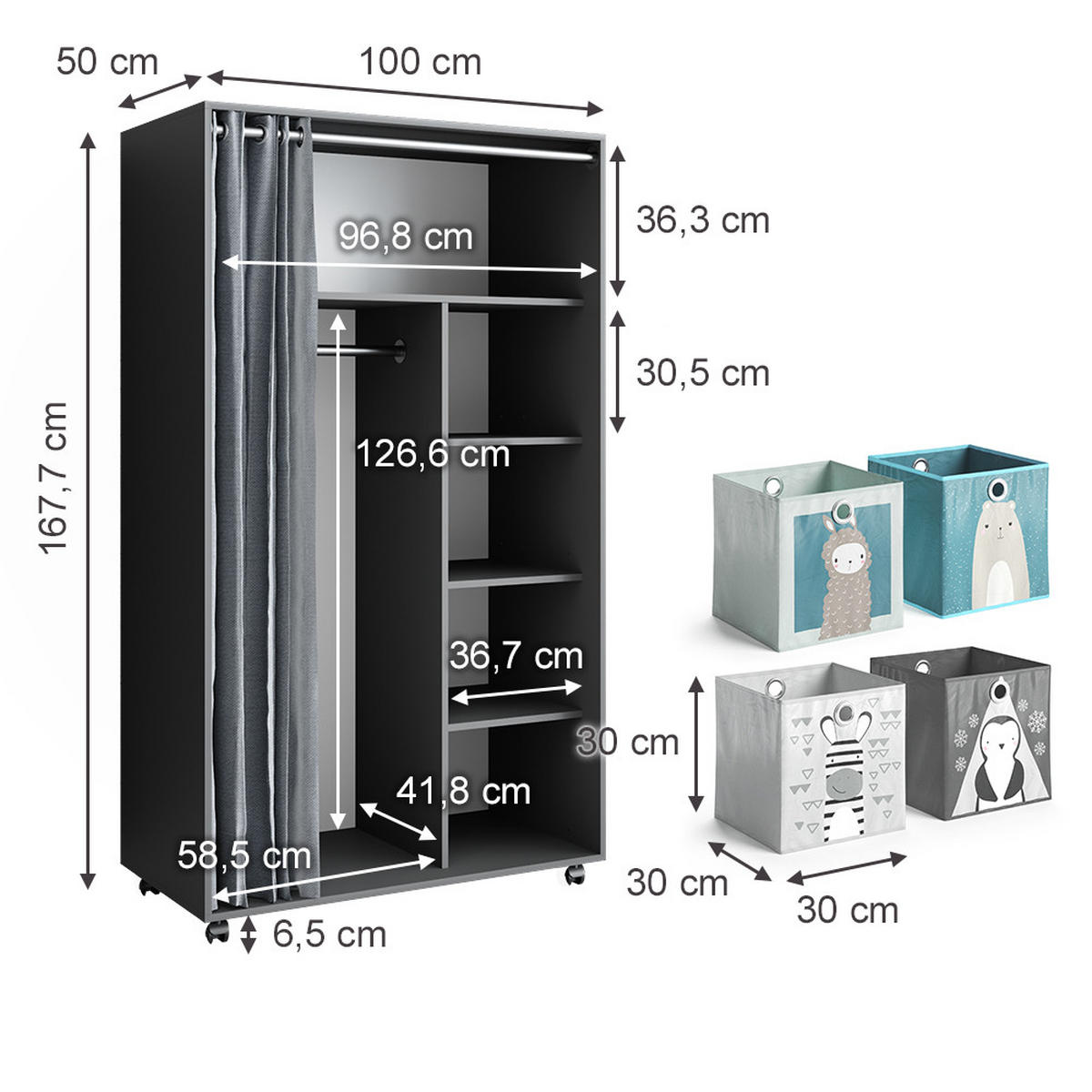 KLEIDERSCHRANK Doros Grau 100 x 168 cm offen, mit Rollen - Grau, Holzwerkstoff (100/168/50cm) - Vicco