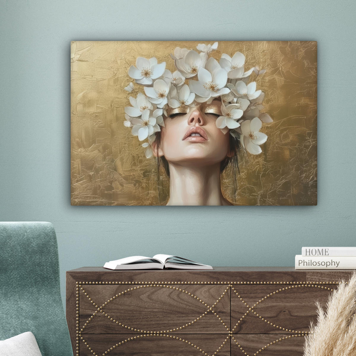 LEINWANDBILD Gesicht - Blumen - Gold - Abstrakt Gemälde 60x40 cm - Goldfarben, Textil (60/40cm) - MuchoWow