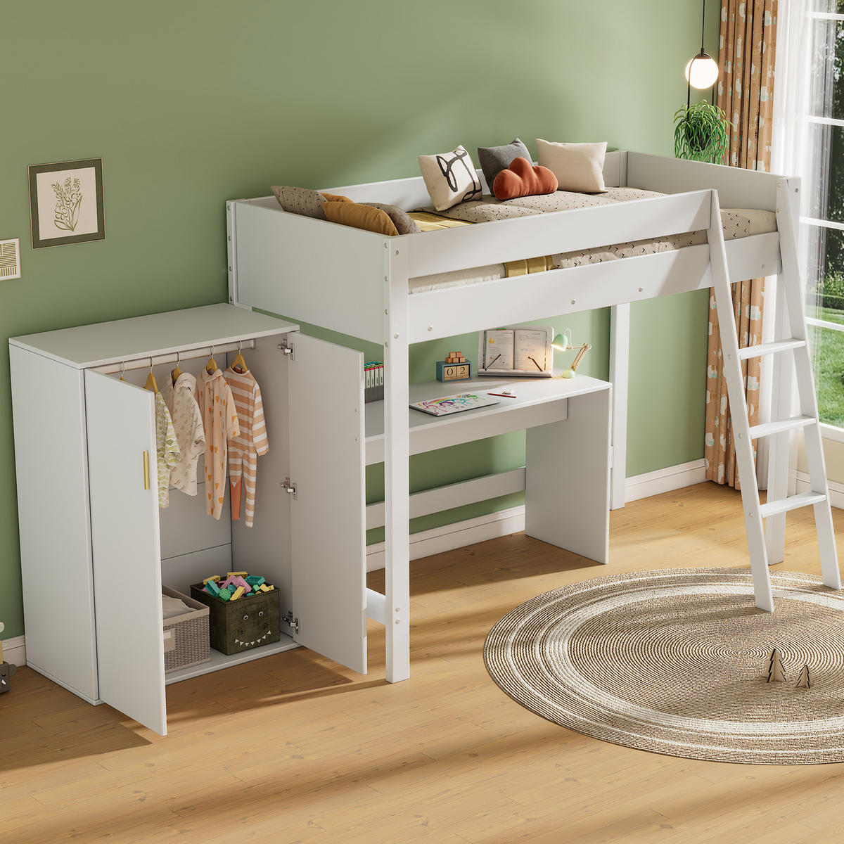 HOCHBETT 90/200 cm aus Massivholz mit Schreibtisch und mobilem Kleiderschrank Weiß - Weiß, Holzwerkstoff (90/200cm) - Modenvie