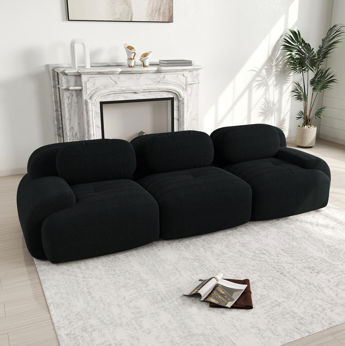 SOFA 298/103/70 cm in Schwarz aus Cord mit rutschfester Unterseite - Schwarz, Textil (103/70/298cm) - Flora Grace