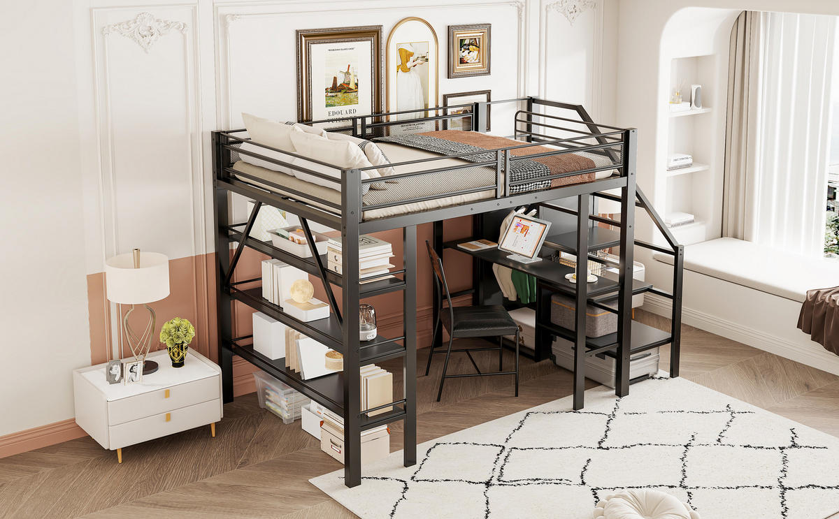 HOCHBETT 140x200 cm Schrank Tisch schwarz - Schwarz, Metall (140/200cm) - LEBENLANG