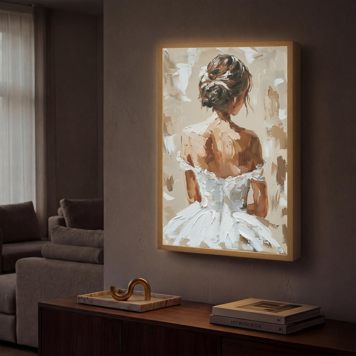 NÁSTĚNNÁ LAMPA S AKUMULÁTOREM Žena - malba - abstraktní - béžová - moderní 40x60 cm - světle hnědá, kompozitní dřevo (40/60/8cm) - OnlyWow