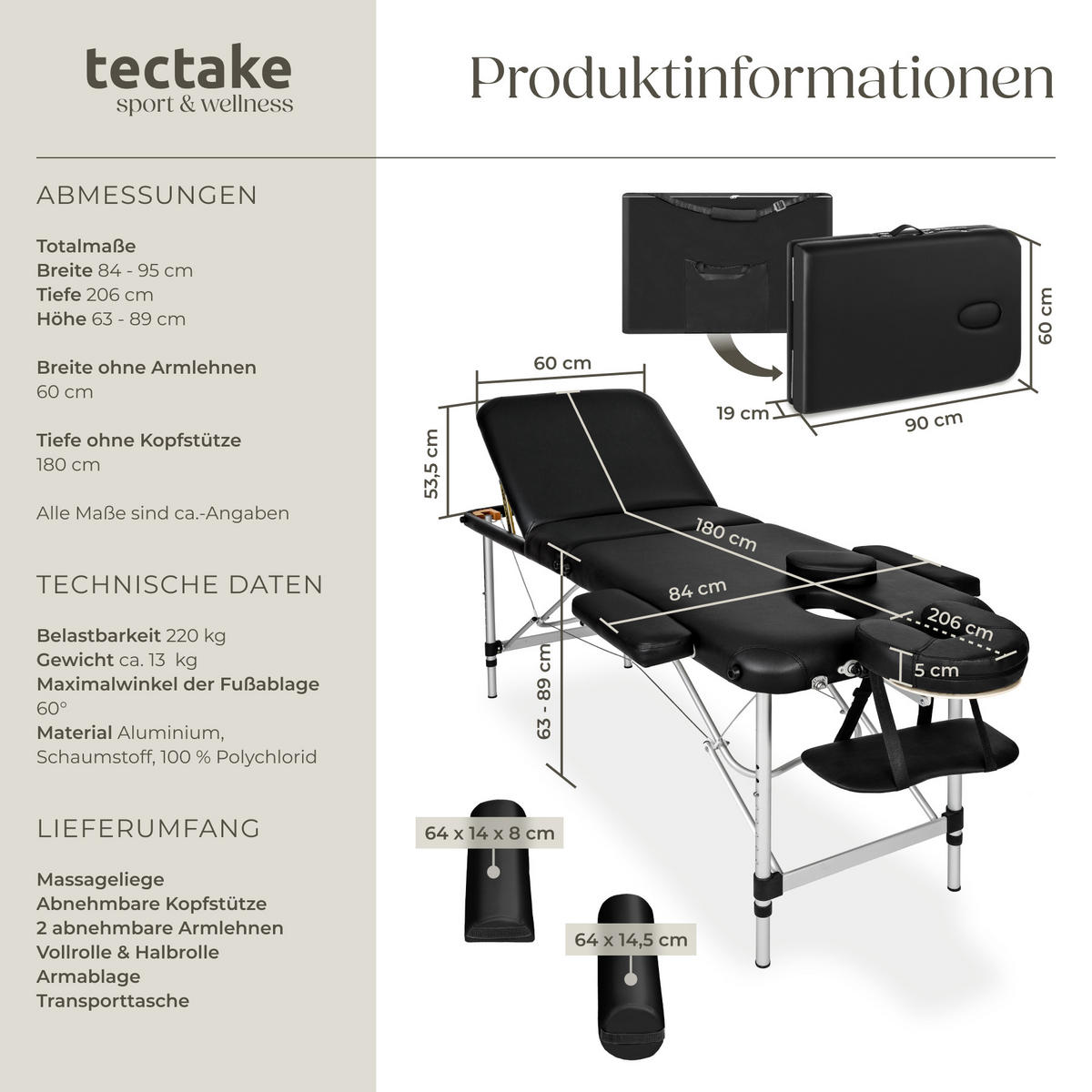 MASSAGELIEGE 3 Zonen, 210 x 95 x 89 cm,schwarz - Schwarz, Metall (95/89/210cm) - tectake