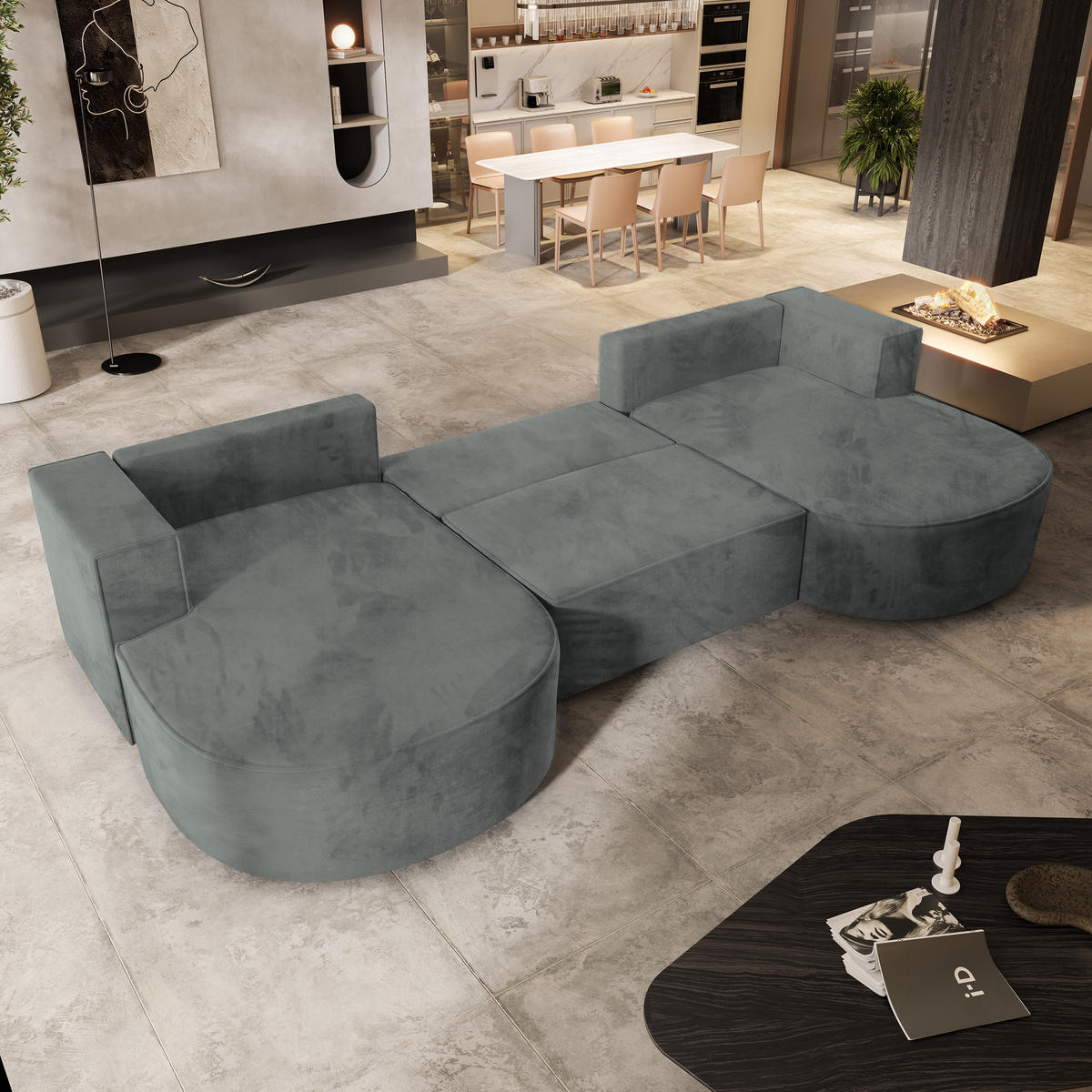 WOHNLANDSCHAFT VEZZO M Grau Velours-Stoff mit Schlaffunktion - Grau, Holz (347/85/174cm) - MASSENO