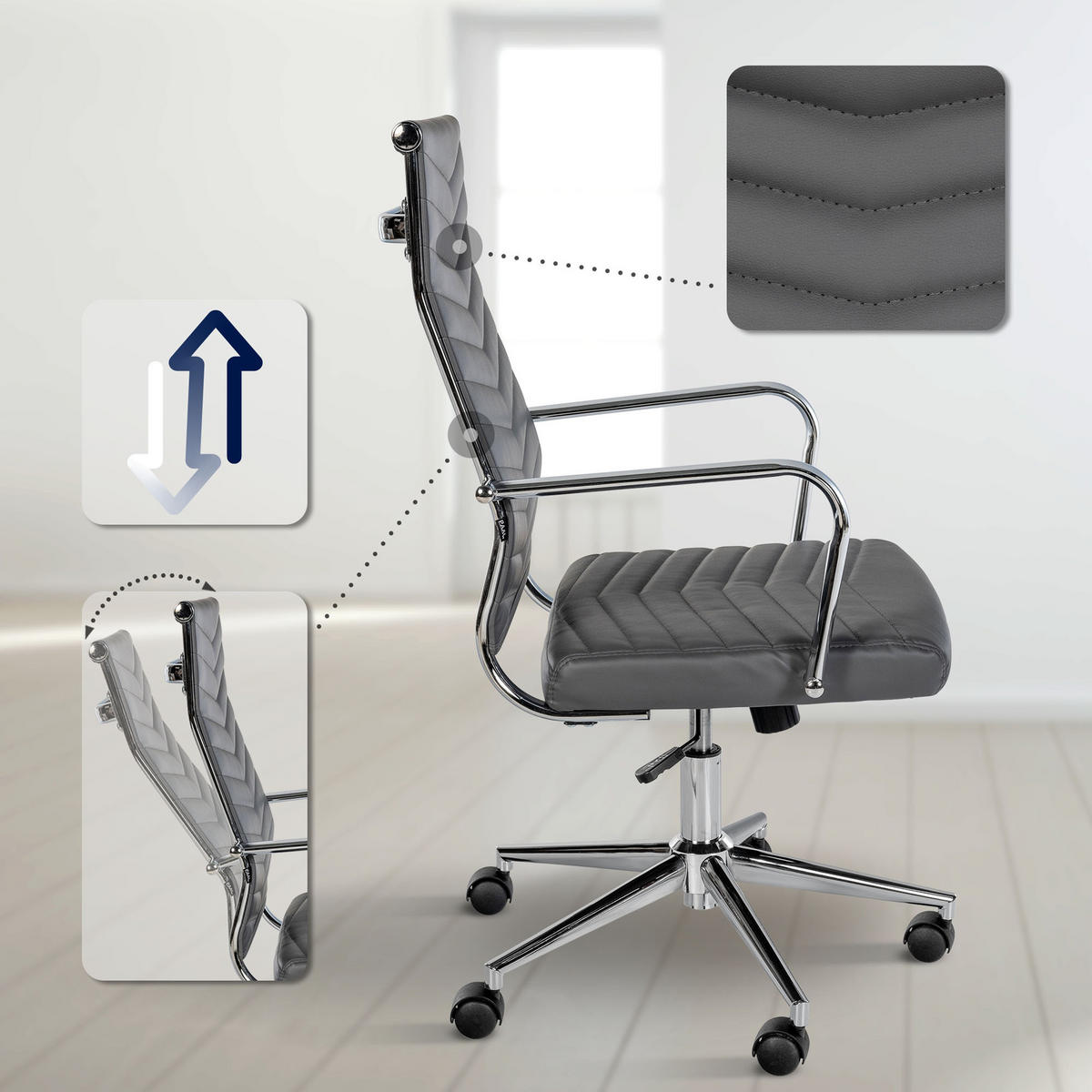 BÜROSTUHL Zynor Kunstleder grau - Chromfarben/Grau, Metall (57/109/60cm) - TPFLiving
