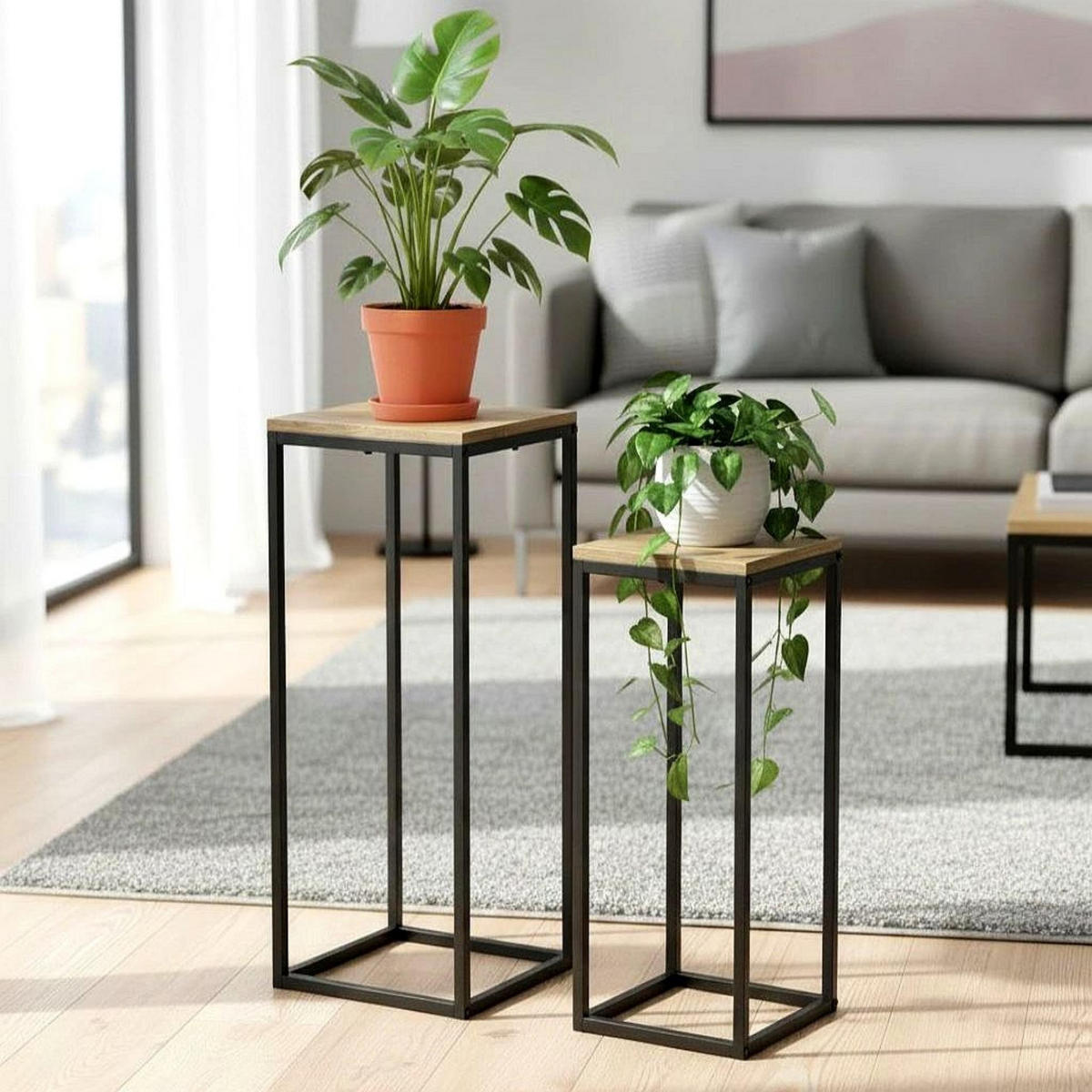 BLUMENSTÄNDER Metall Schwarz Eckig 2er Set 60 cm und 70 cm Pflanzenständer 96705 Blumenhocker - Schwarz, Metall (30/30/70cm)