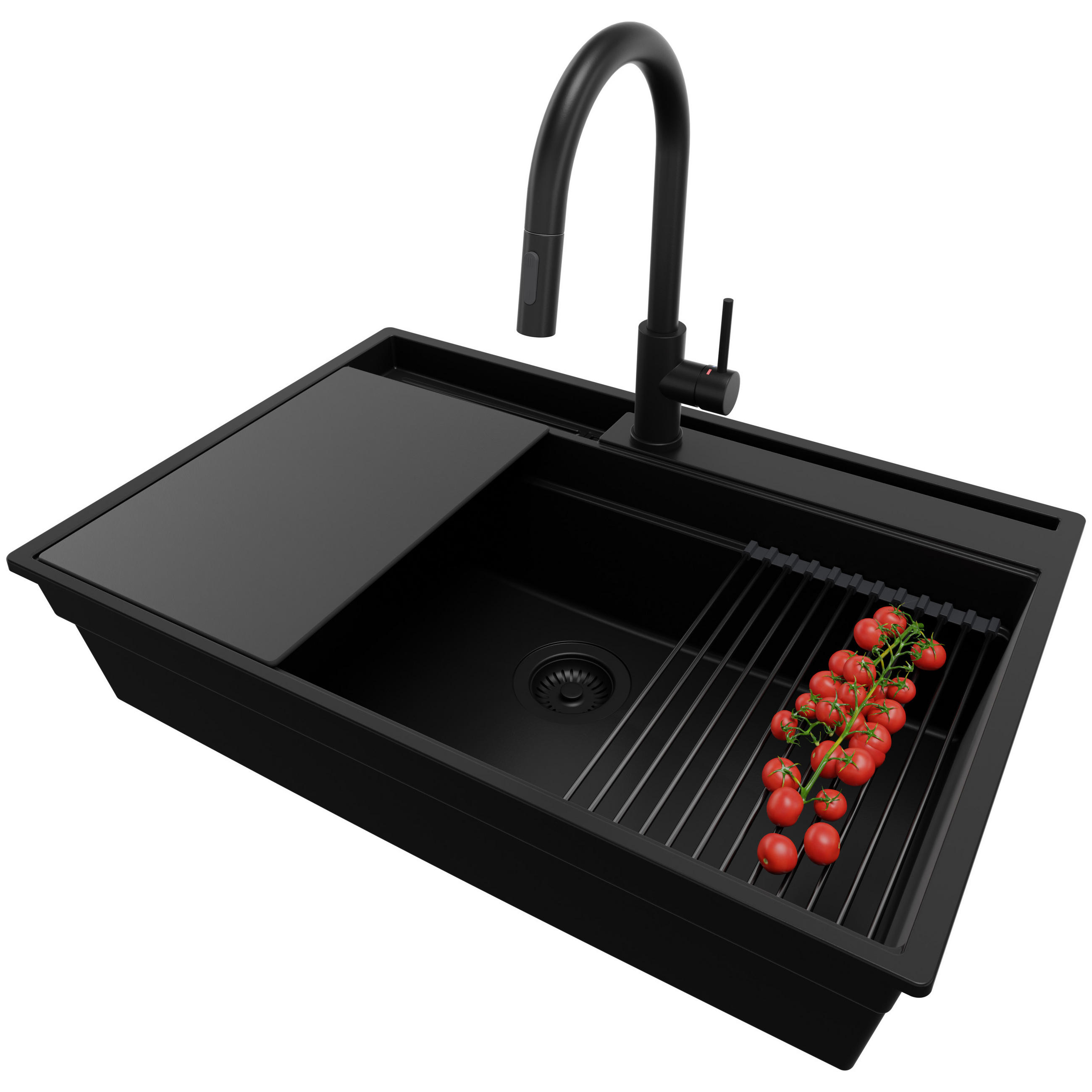 GRANITSPÜLE Oslo Pocket, 2-er set Alles Schwarz 78/53 cm 1 Becken + Küchenarmatur 40/20 cm + Ablauf-Set + Küchenzubehörset ab 80er Unterschrank - Schwarz, Kunststoff (78/20/53cm) - Primagran