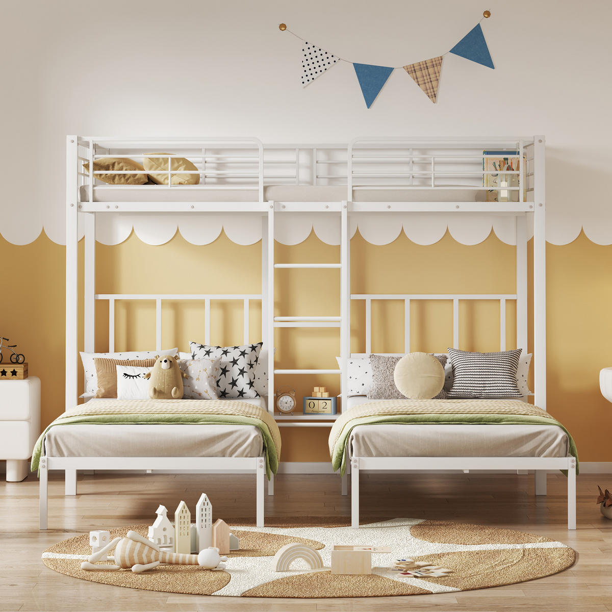 ETAGENBETT 90/200 cm Weiß mit Leiter und Stauraum für 3 Personen - Weiß, Metall (90/200cm) - OKWISH