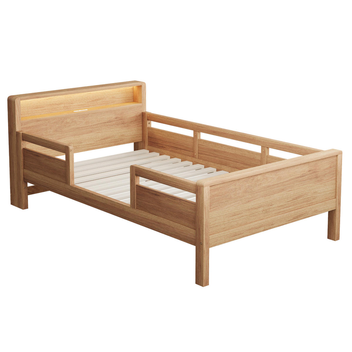 KINDERBETT 90x200 cm in Naturholz mit LED-Leuchte, USB- und Typ-C-Anschluss - Naturfarben, Holz (90/200cm) - IVMEU
