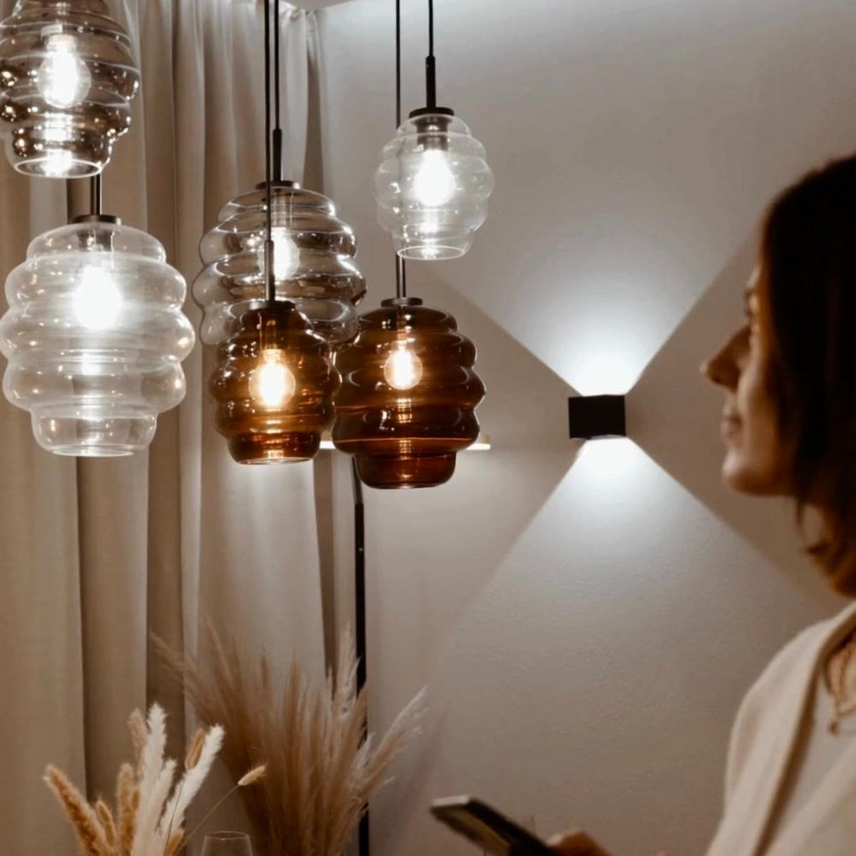 ECHOS jedálenská stolová lampa 8 svetiel 200cm 3-radová Ø 18/25cm - čierna/číre, sklo (18/18/20cm) - s.luce