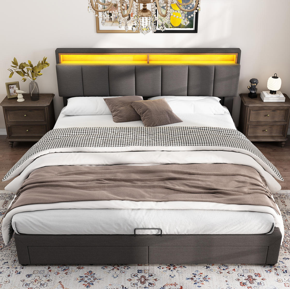 ČALÚNENÁ posteľ z ocele a ľanu 160x200 cm tmavosivá s LED osvetlením a úložným priestorom - sivá, textil (160/200cm) - Modfu