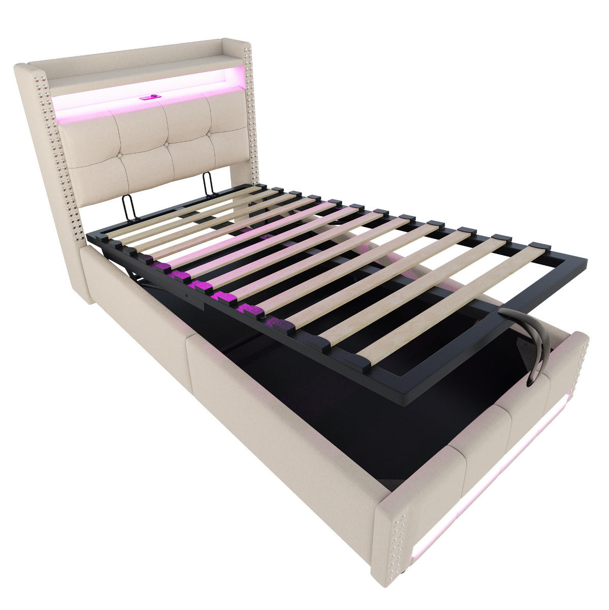 POLSTERBETT 90/200 cm Beige mit Stauraum, LED-Beleuchtung und USB-Anschluss - Beige, Textil (90/200cm) - Flora Grace