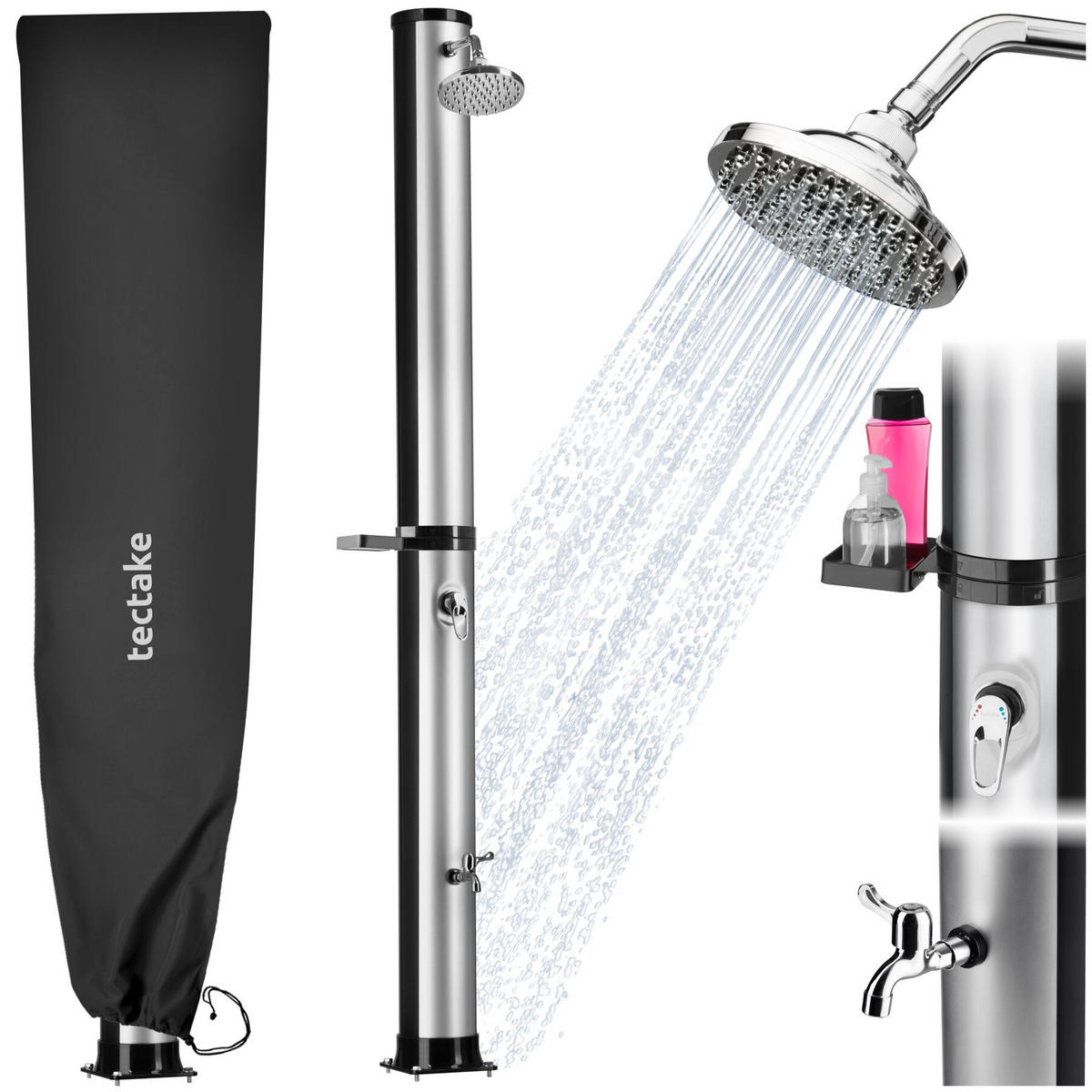 SOLARDUSCHE Orinoco, extra Wasserhahn, inklusive Schutzhülle, schwarz/silber - Silberfarben/Schwarz, Kunststoff (19.5/222/47cm) - tectake